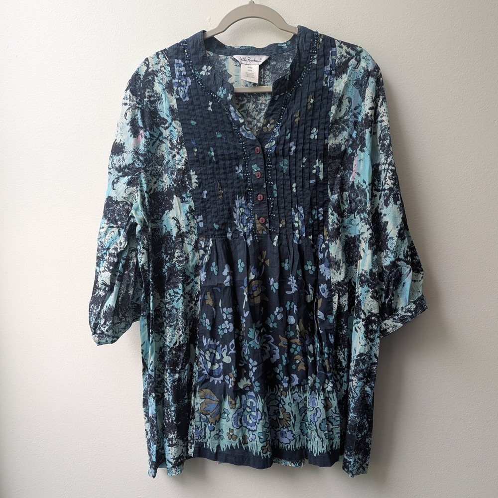 Ulla Popken Tunic Top Blue Floral Pintuck Beaded Cotton Sz 16/18 Boho Peasant